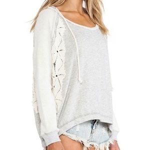 Free People Gray pullover hooded sweatshirt with crochet details size Medium